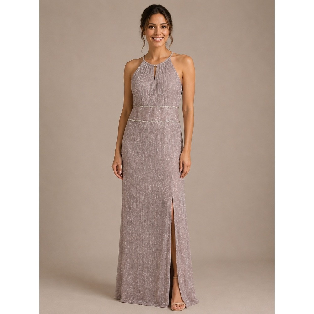 Oleg Cassini Metallic Shimmer Halter Neck Gown Rhinestone Waist Slit Mauve MOB